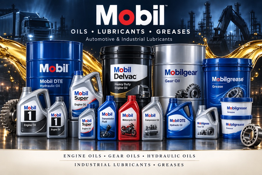 Mobil engine oils, gear oils, hydraulic oils and greases for automotive and industrial use